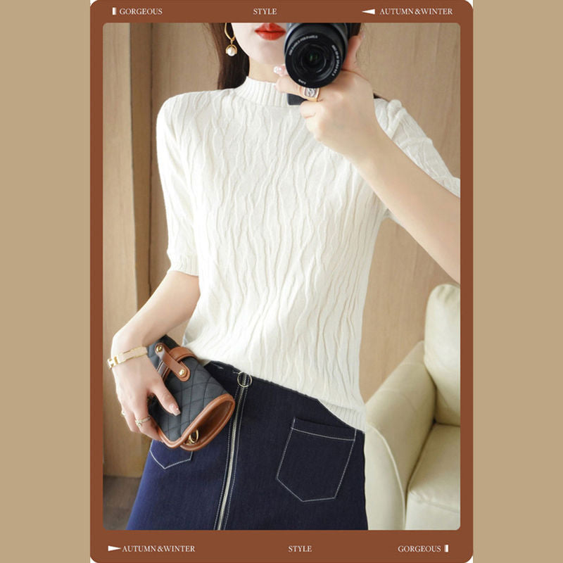 Pull en tricot texturé à manches mi-longues pour femmes
