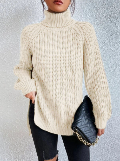 Cripes Pull en coton à col roulé et manches raglan à ourlet fendu
