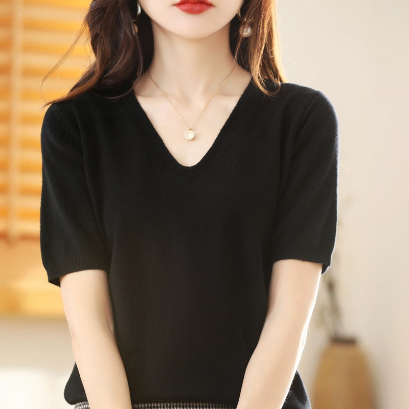 Pull en maille à manches courtes et col en V pour femmes