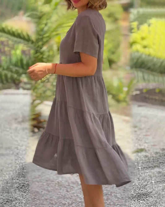 Robe unie col V coton lin