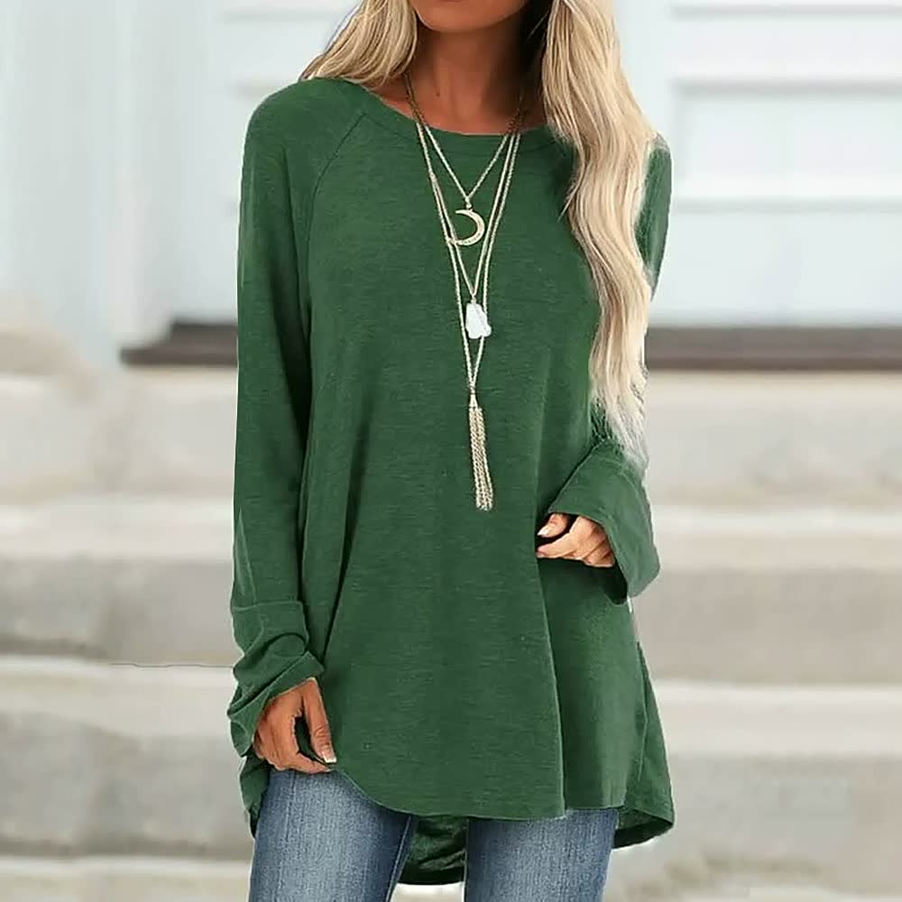 T-shirt décontracté à manches longues et col rond de couleur unie