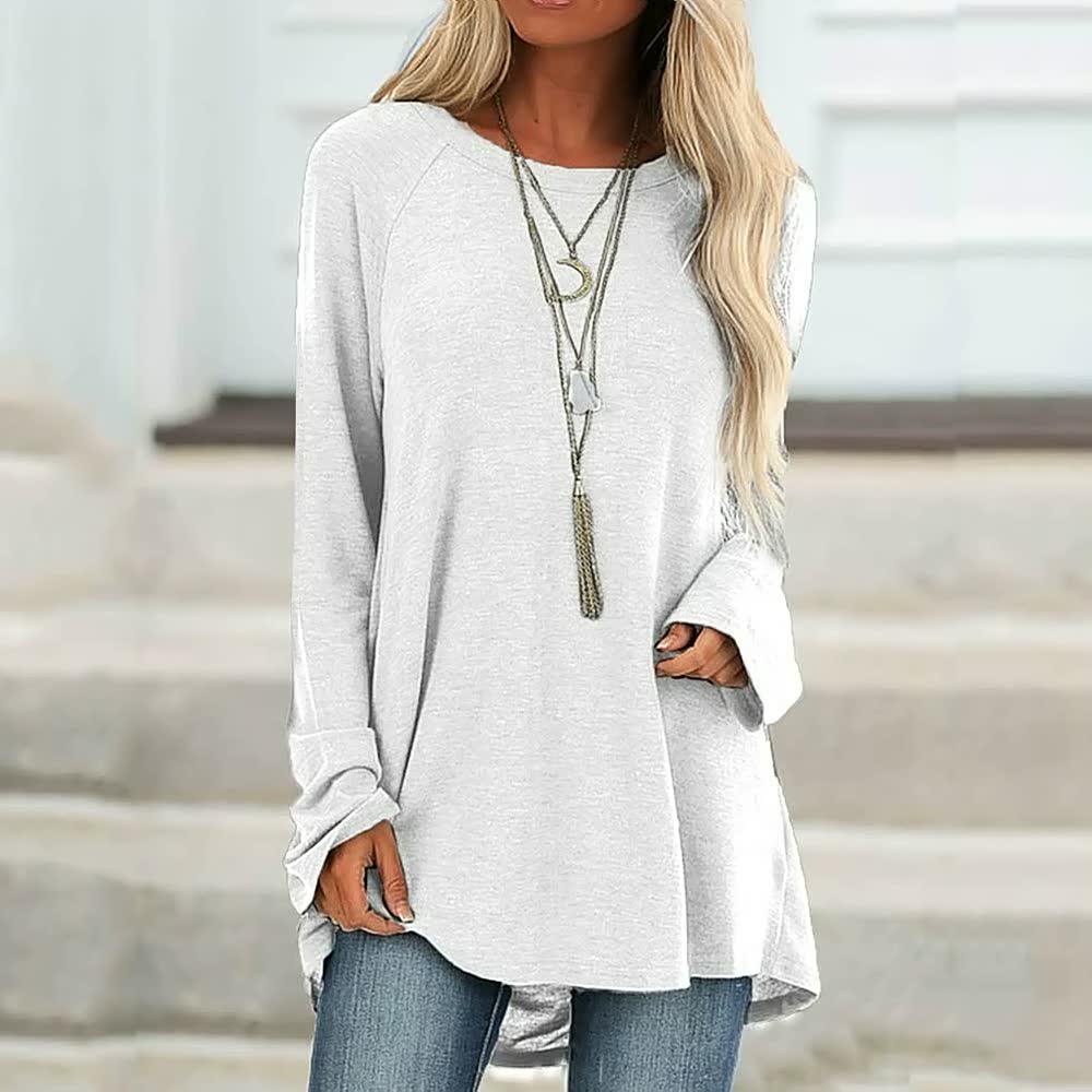 T-shirt décontracté à manches longues et col rond de couleur unie