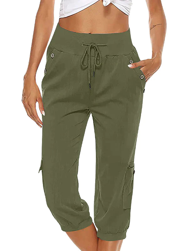 Pantalon cargo à cordon de serrage taille élastique Capri décontracté pour femmes