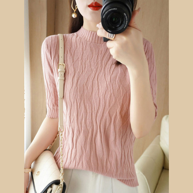 Pull en tricot texturé à manches mi-longues pour femmes