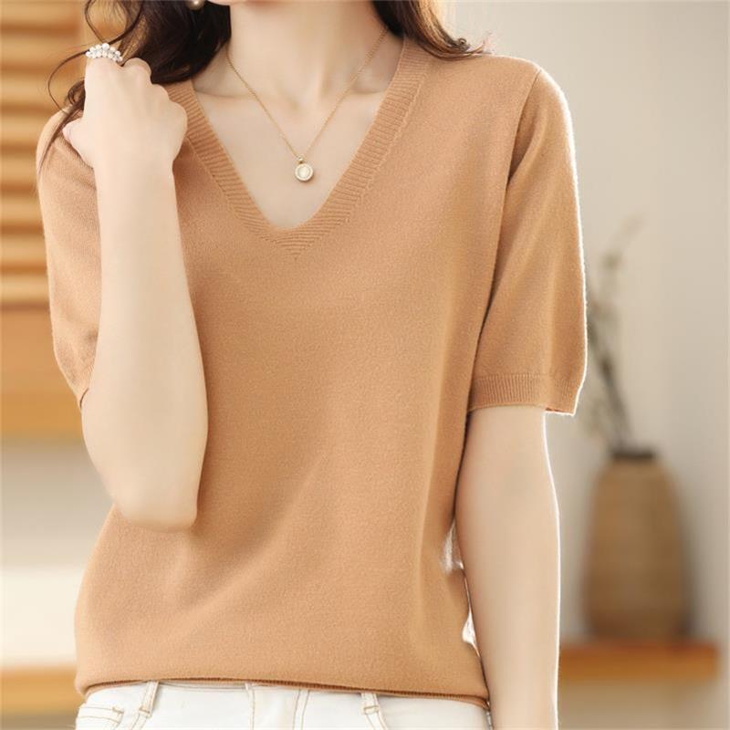 Pull en maille à manches courtes et col en V pour femmes