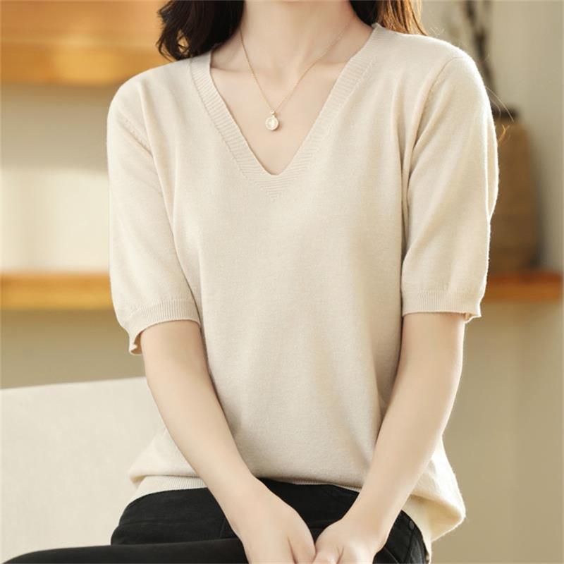 Pull en maille à manches courtes et col en V pour femmes