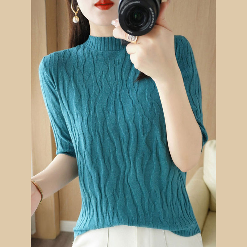 Pull en tricot texturé à manches mi-longues pour femmes