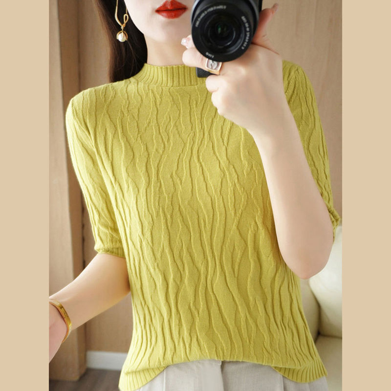 Pull en tricot texturé à manches mi-longues pour femmes