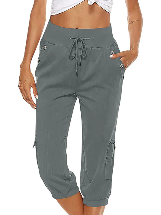 Pantalon cargo à cordon de serrage taille élastique Capri décontracté pour femmes