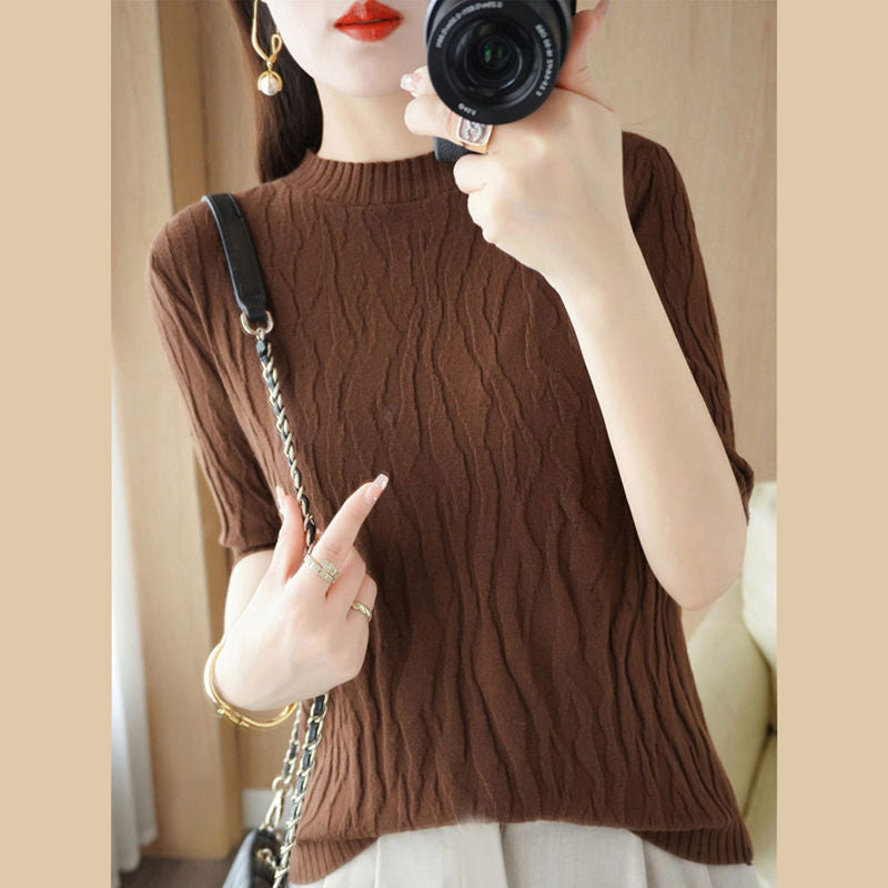 Pull en tricot texturé à manches mi-longues pour femmes