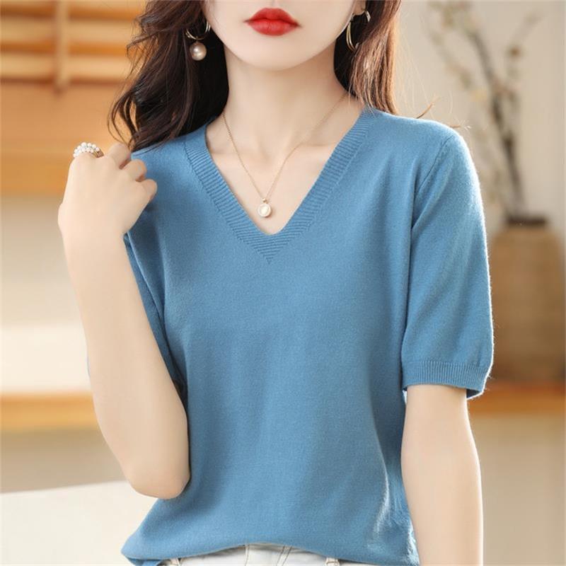 Pull en maille à manches courtes et col en V pour femmes