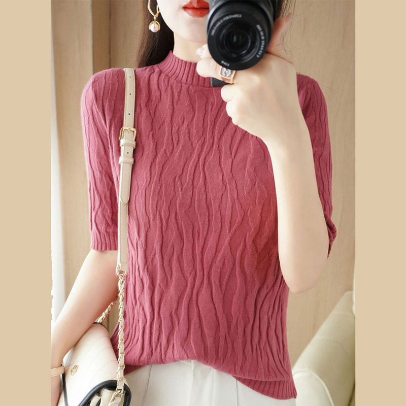 Pull en tricot texturé à manches mi-longues pour femmes