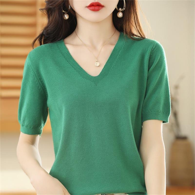 Pull en maille à manches courtes et col en V pour femmes