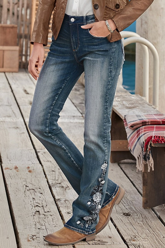 Jeans bootcut taille moyenne à broderie florale