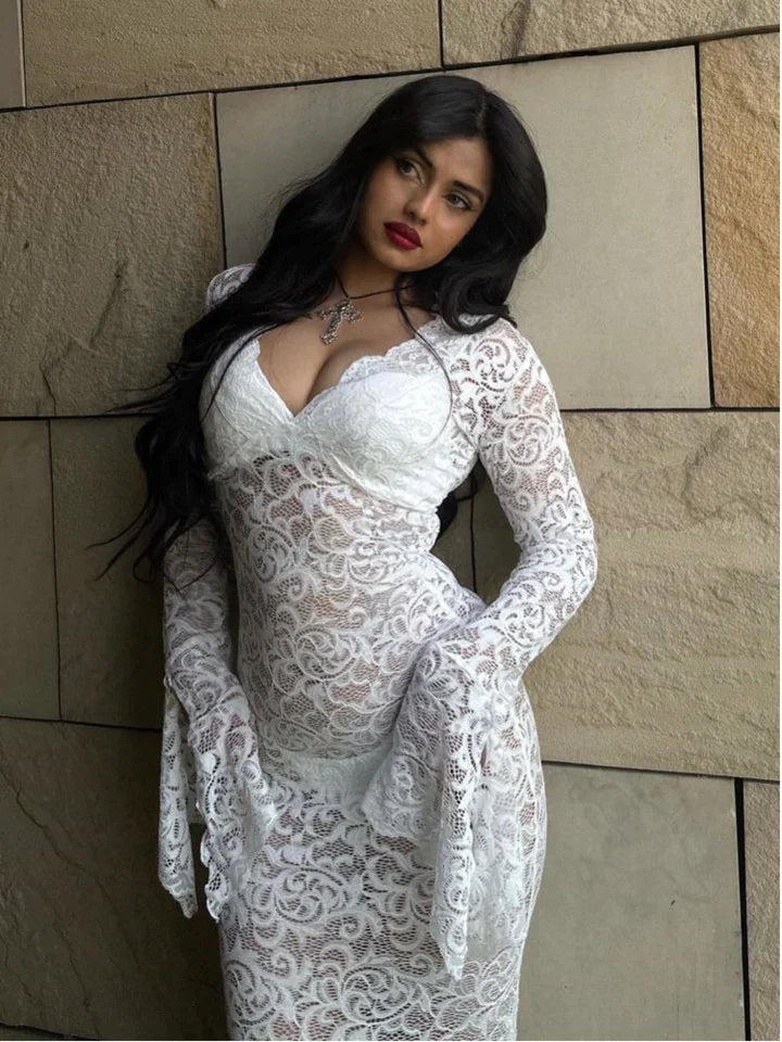 Heather | REKKEN KANT TRANSPARANTE V-HALS MAXI SEXY JURK