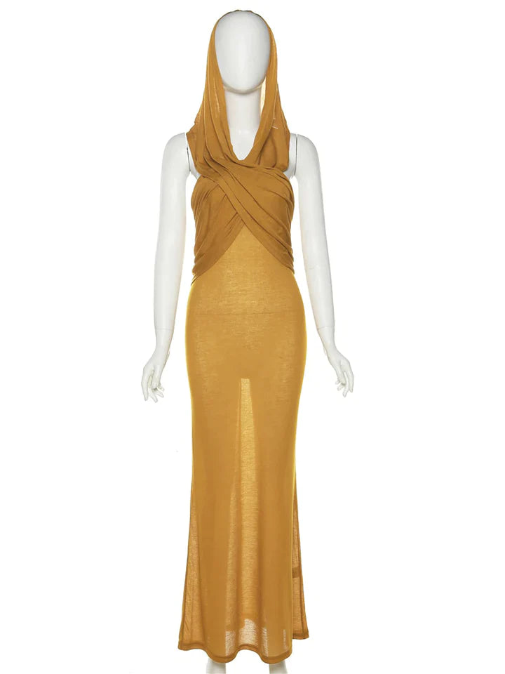 Lena | DAMES JURK MET KRUISVORMIGE CAPUCHON, MOUWLOOS EN OPEN RUG