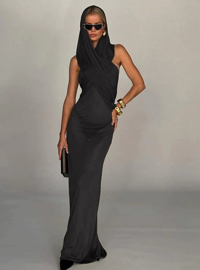 Lena | DAMES JURK MET KRUISVORMIGE CAPUCHON, MOUWLOOS EN OPEN RUG