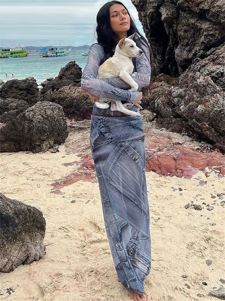 Maci | PRINT MESH MAXI JURKEN MET LANGE MOUWEN