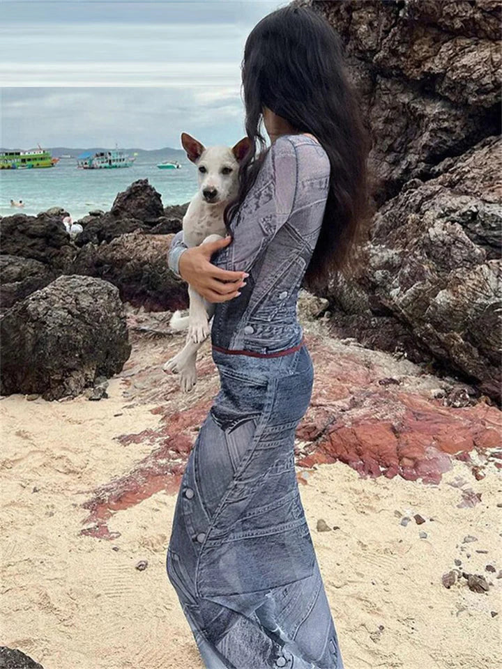 Maci | PRINT MESH MAXI JURKEN MET LANGE MOUWEN