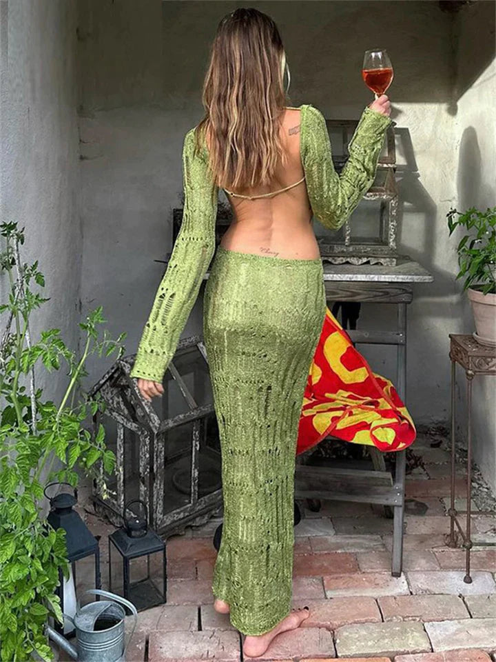 Jacquelyn | DAMES JURK MET UITGEHOLDE LANGE MOUWEN EN OPEN RUG