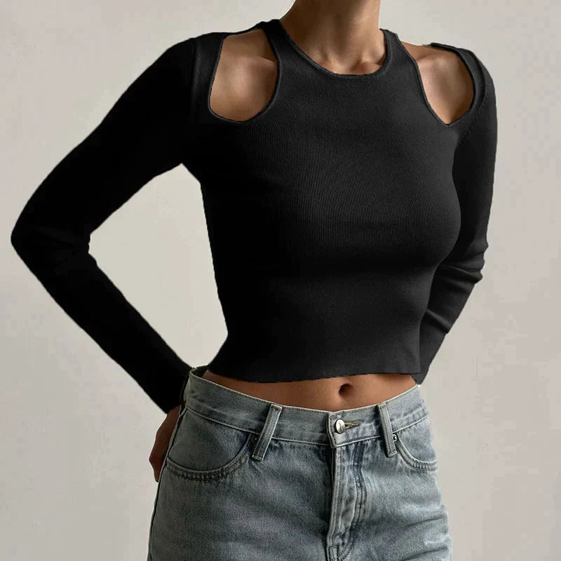 Veala | Stijlvolle Crop Top met Lange Mouwen en Uitsparingen