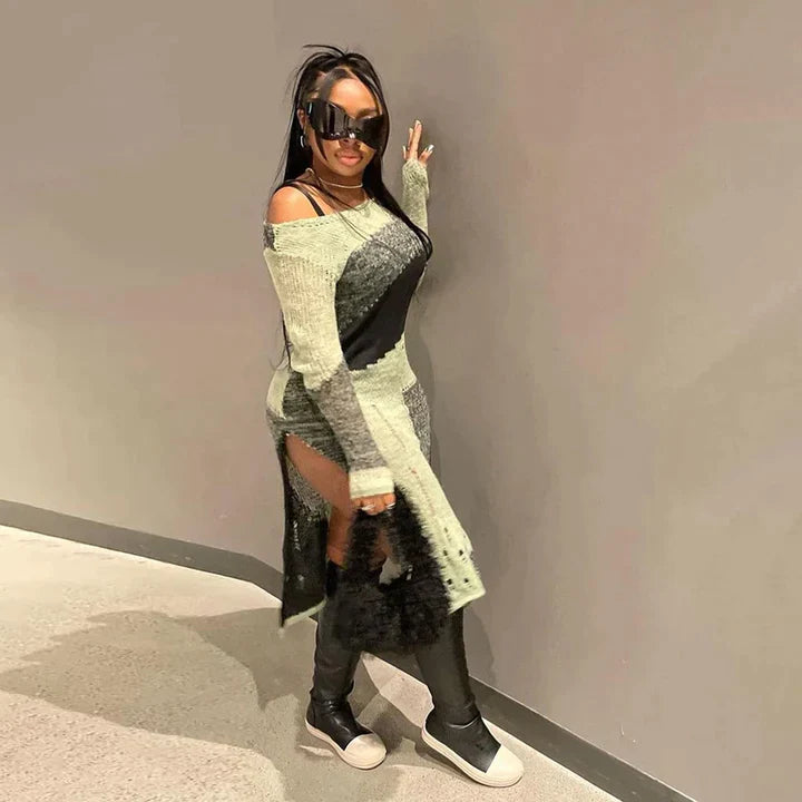 Sanai | DAMES LANGE MOUWEN TRUI MET GESPLETEN SLIMME JURK