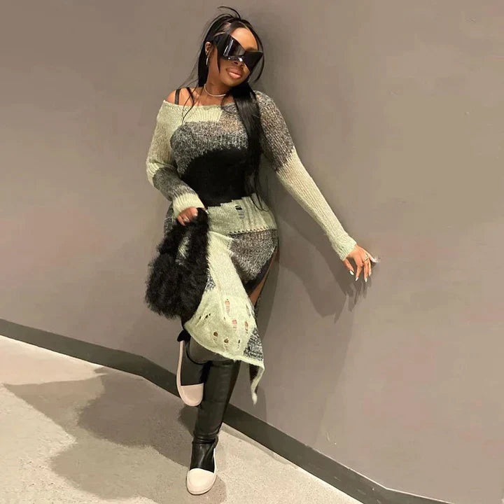 Sanai | DAMES LANGE MOUWEN TRUI MET GESPLETEN SLIMME JURK