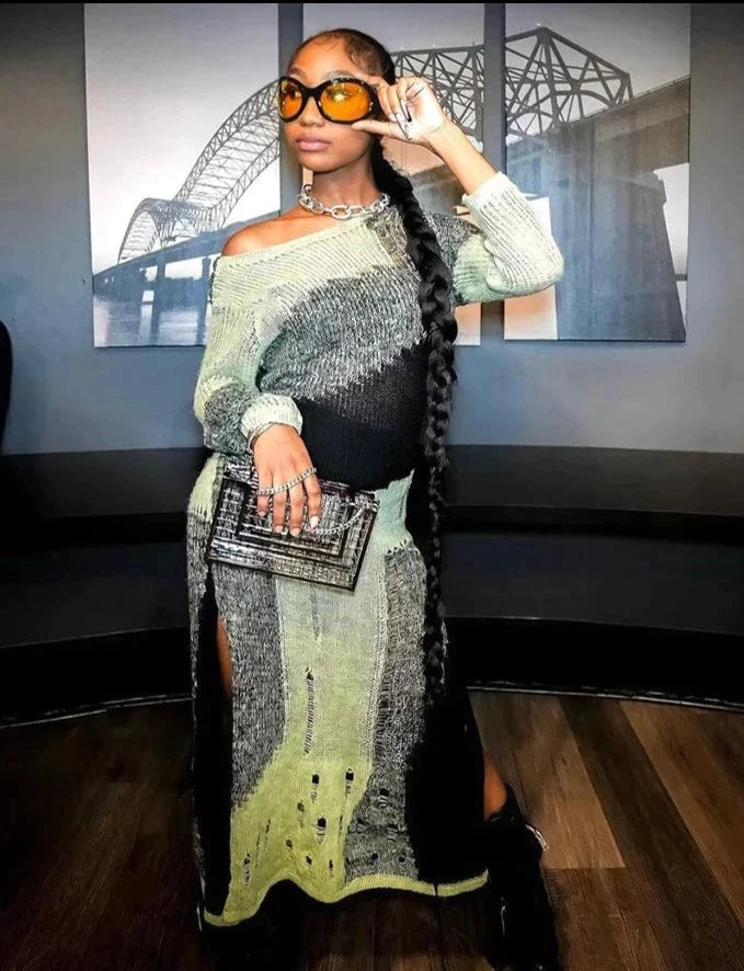 Sanai | DAMES LANGE MOUWEN TRUI MET GESPLETEN SLIMME JURK