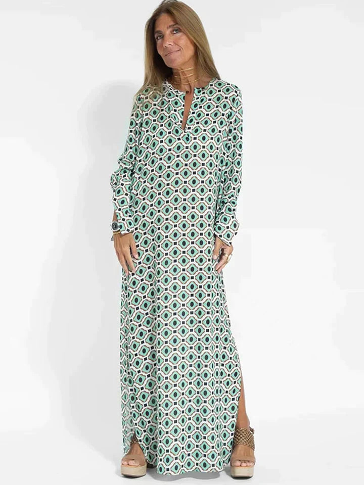 Jocelyn | DAMES JURK MET GEOMETRISCHE PRINT EN ZIJDELEN MET SPLITS