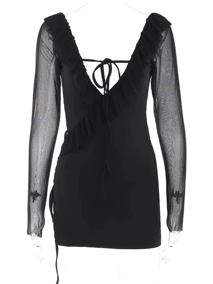 Jewel | DAMES JURK MET TRANSPARANTE MESH MOUWEN EN RUFFLE, MINILENGTE