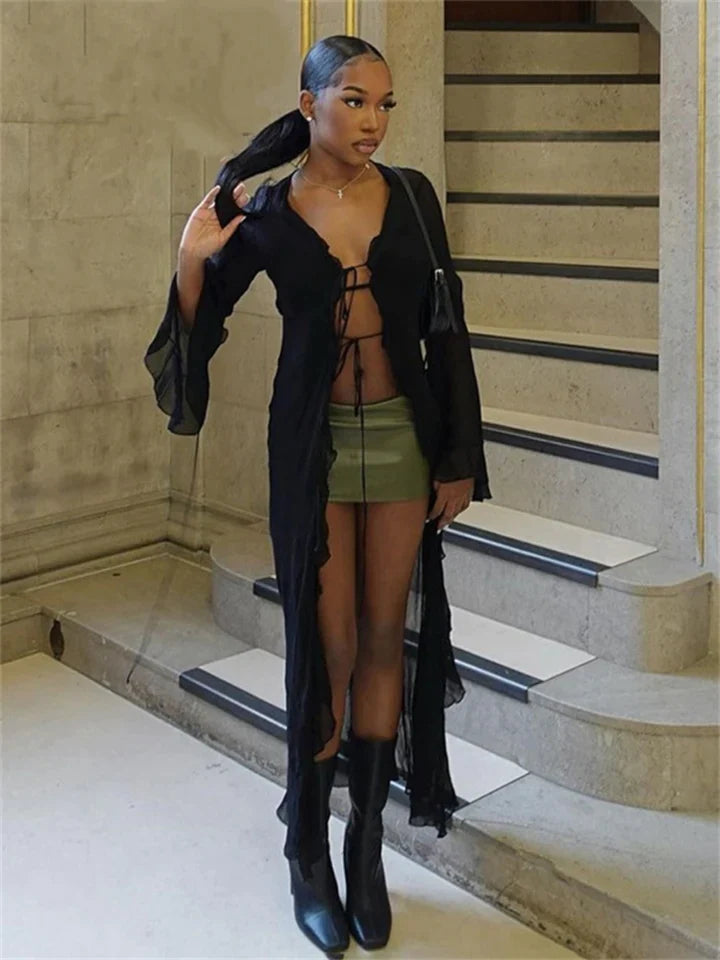 Xiomara | DAMES MIDI-CARDIGANJURK MET RUCHES