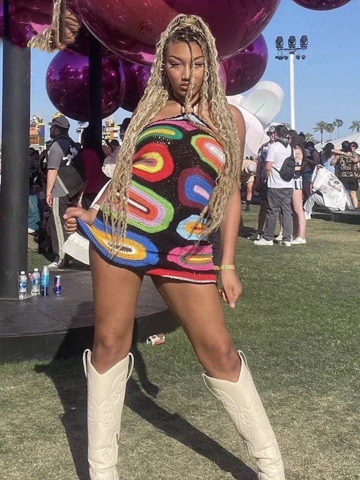 Meghan | DAMES GEBREIDE JURK MET PRINTPANELEN