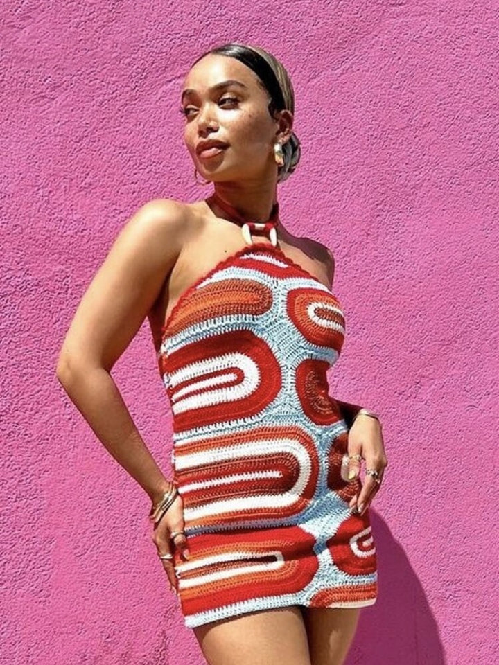 Meghan | DAMES GEBREIDE JURK MET PRINTPANELEN