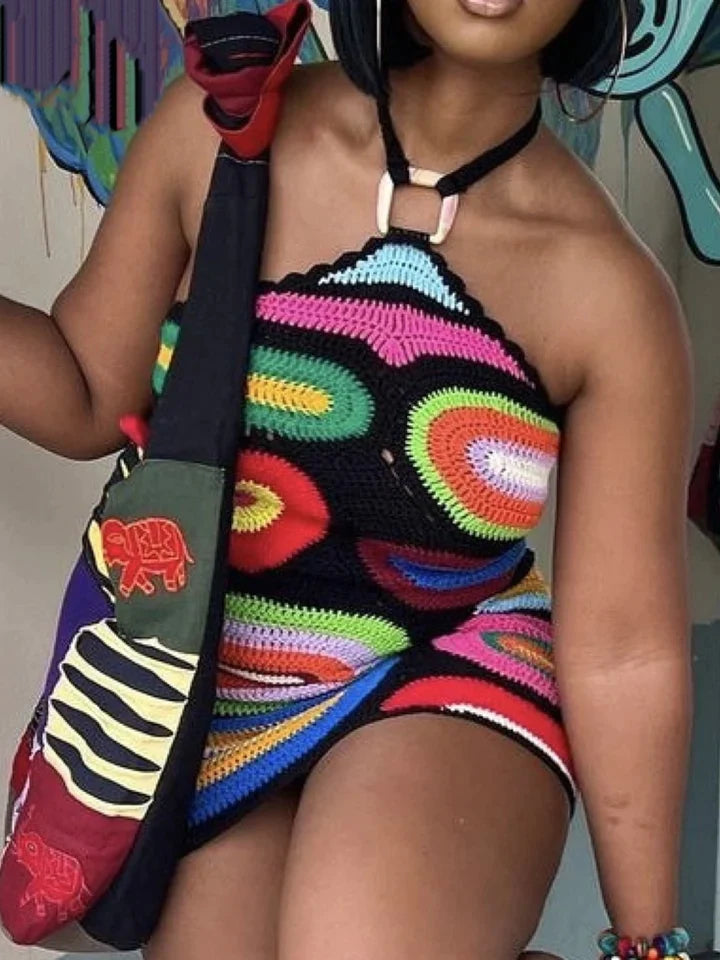 Meghan | DAMES GEBREIDE JURK MET PRINTPANELEN