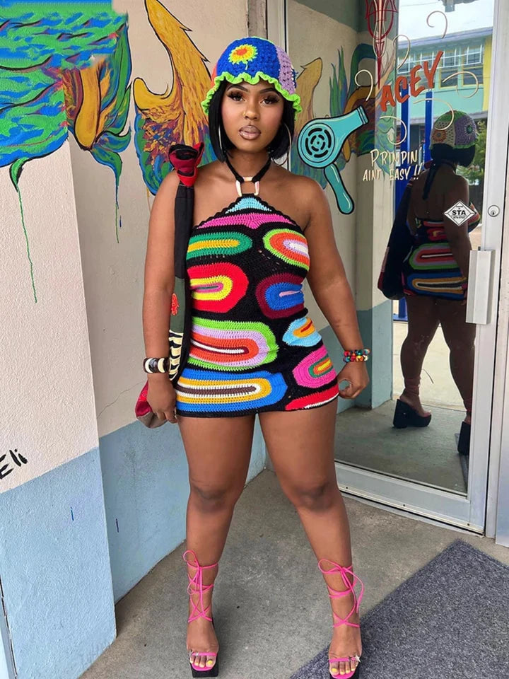 Meghan | DAMES GEBREIDE JURK MET PRINTPANELEN