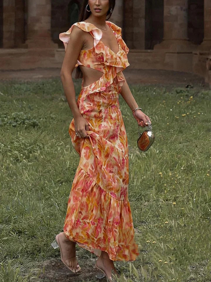 Lacey | DAMES JURK MET V-HALS, OPEN RUG EN VOLANTDETAILS