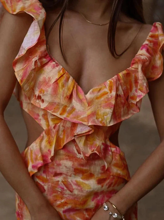 Lacey | DAMES JURK MET V-HALS, OPEN RUG EN VOLANTDETAILS