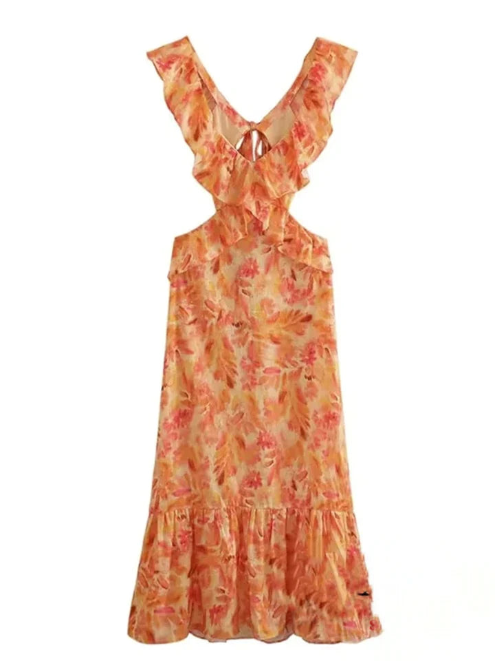 Lacey | DAMES JURK MET V-HALS, OPEN RUG EN VOLANTDETAILS