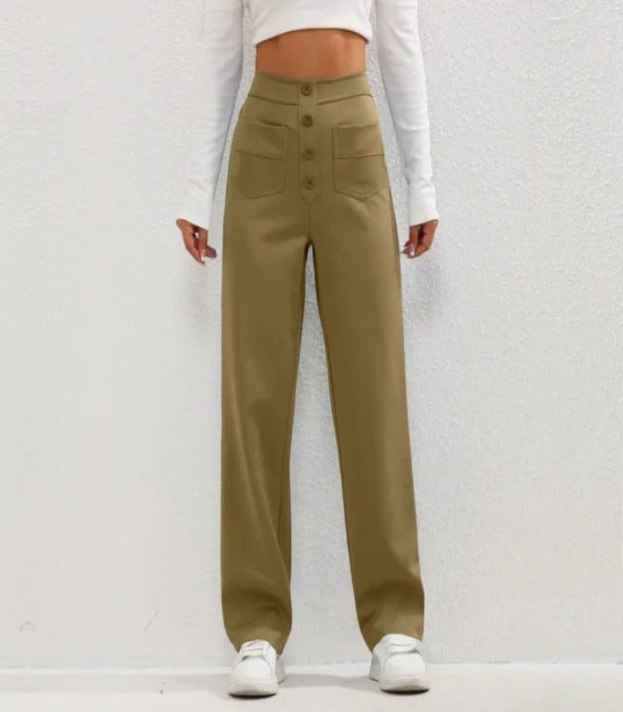 Olive - Pantalon Large à Taille Haute