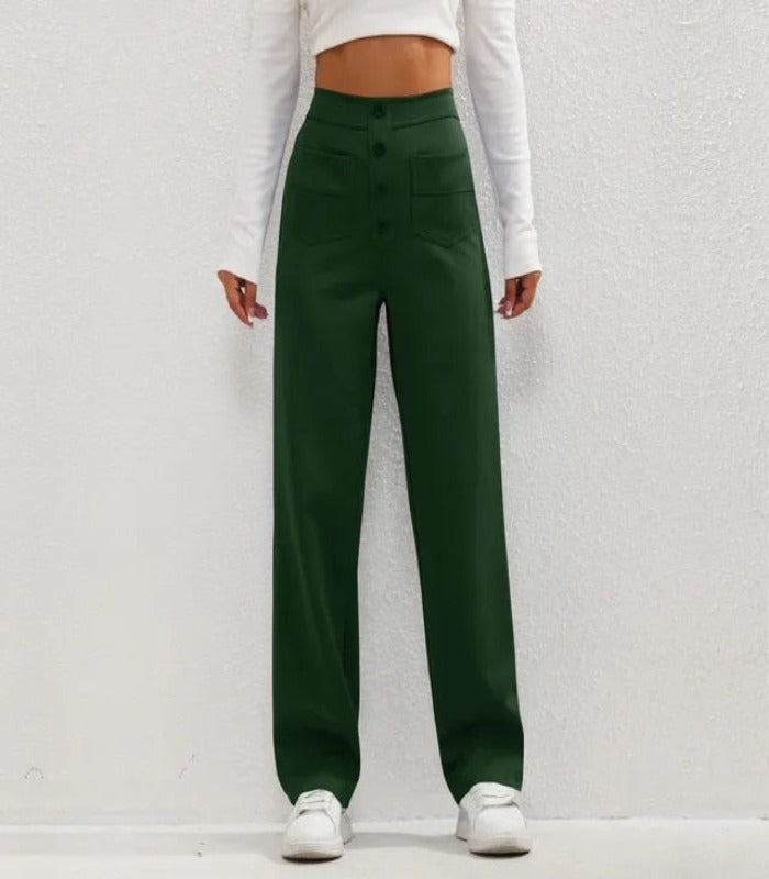 Olive - Pantalon Large à Taille Haute