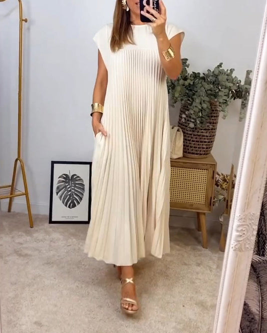 Robe Plissée et Simple de Couleur Unie sans Manches