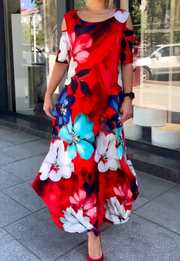 Lilla Rød Off Shoulder Blomsterkjole