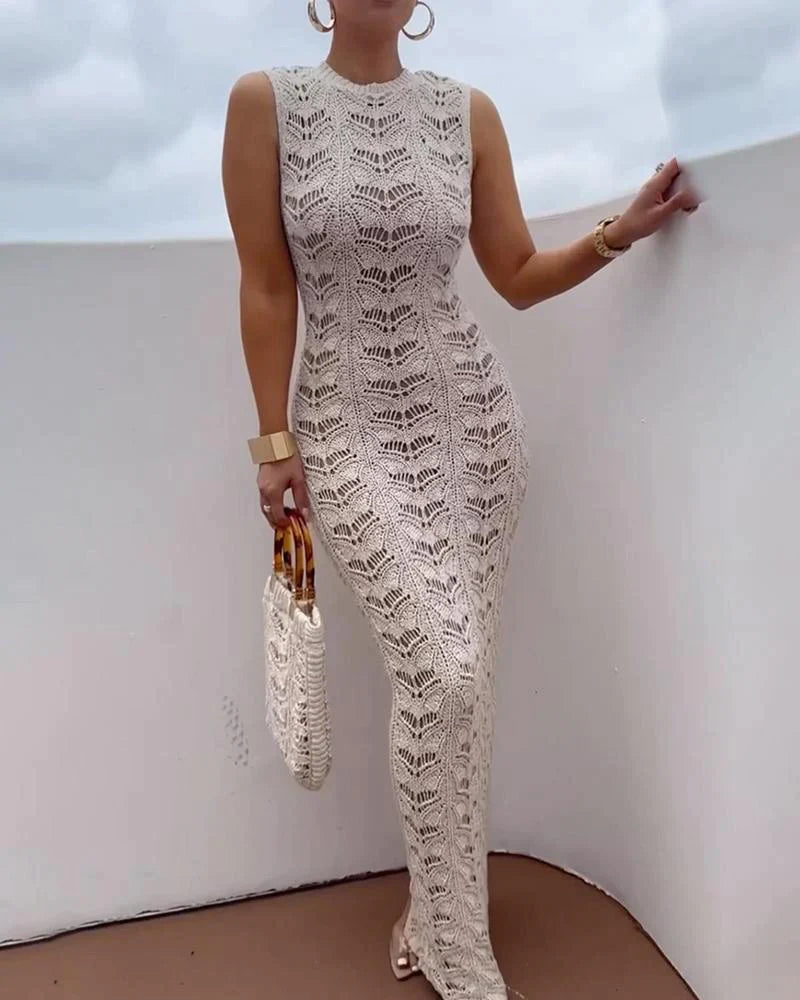 Robe longue sans manches en tricot de couleur unie et creuse, style vacances