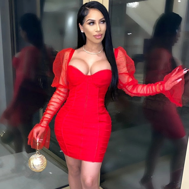 Gemma | Elegante dames mini-jurk met effen mesh en pofmouwen