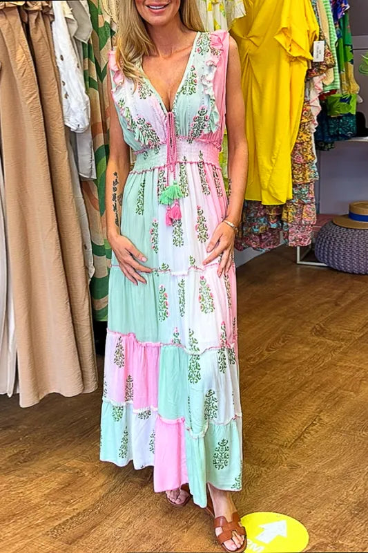Robe longue multicolore à imprimé bohémien vintage