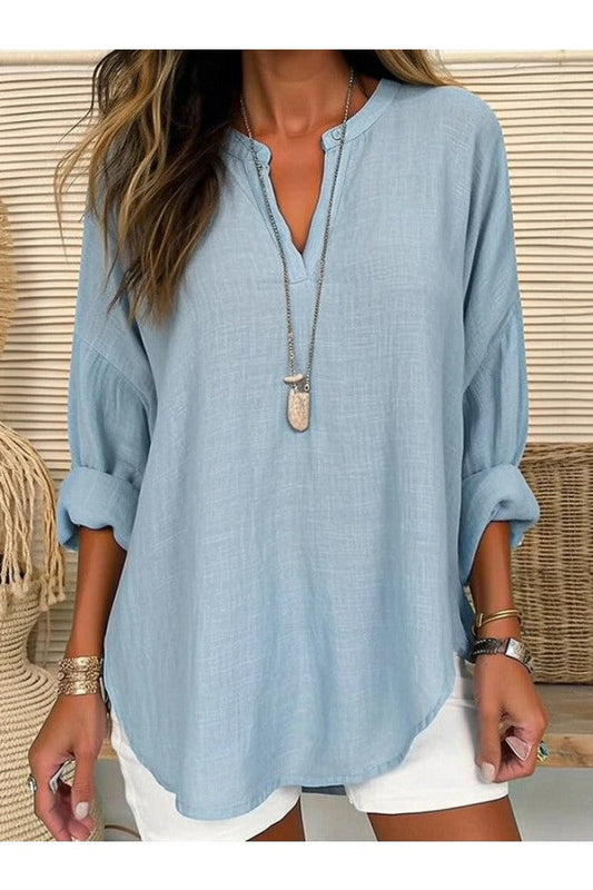 Blue Casual V Neck Solid Long Sleeve Blouse