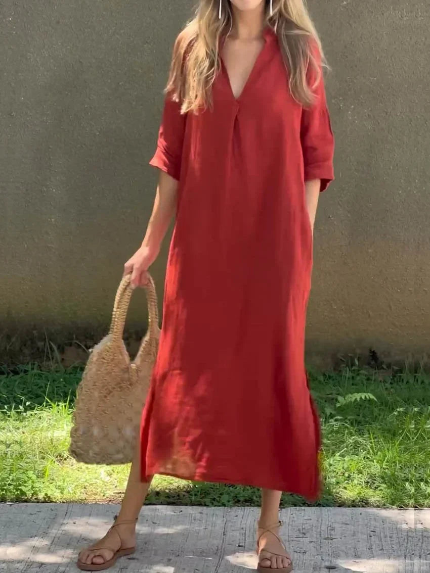 Robe en lin à col en V de couleur unie pour femme, avec poche et col en V