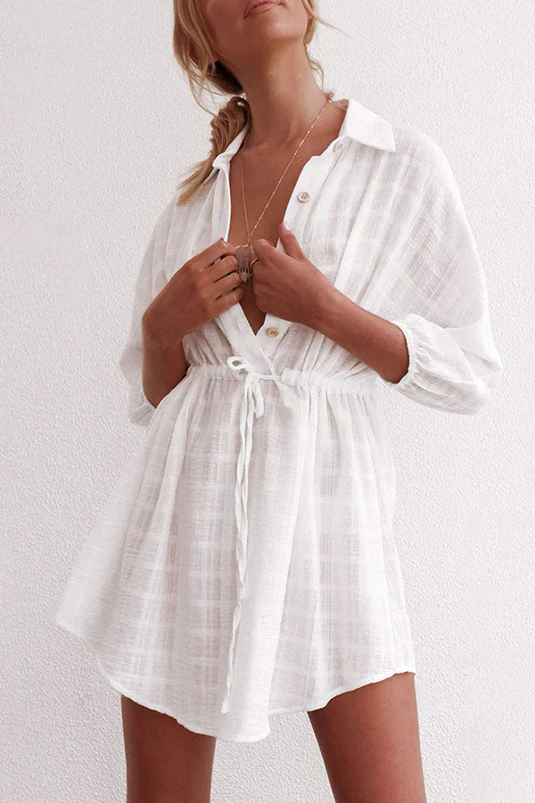 robe de plage de vacances à revers, à simple boutonnage et à cordon de serrage