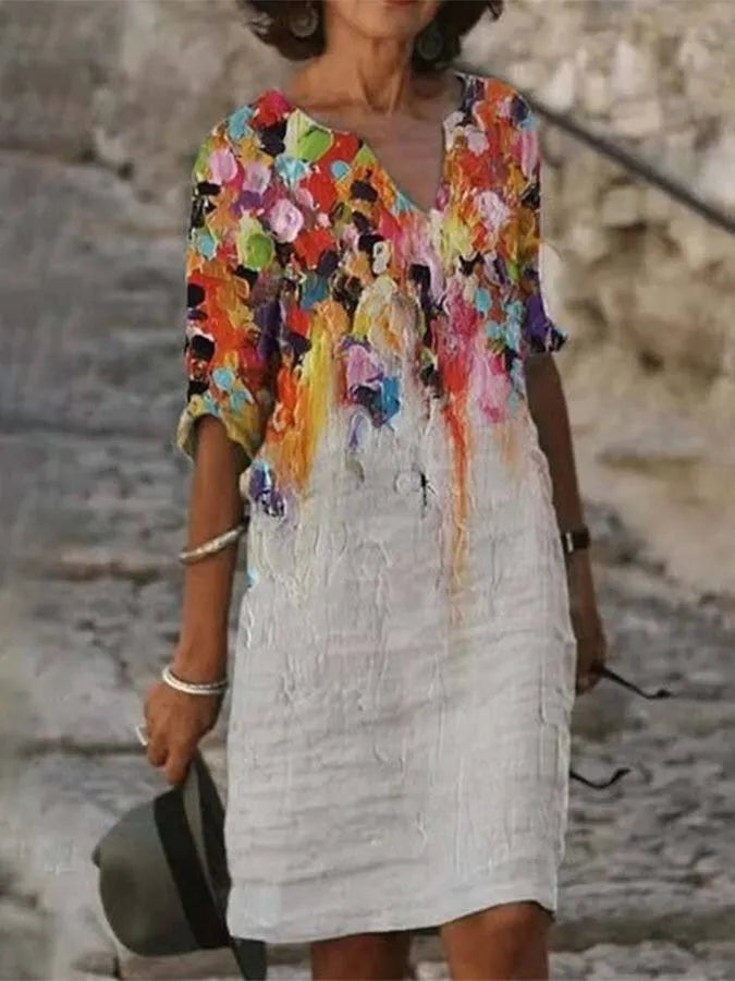 Robe femme en coton et lin avec encolure et imprimé peinture à l'huile