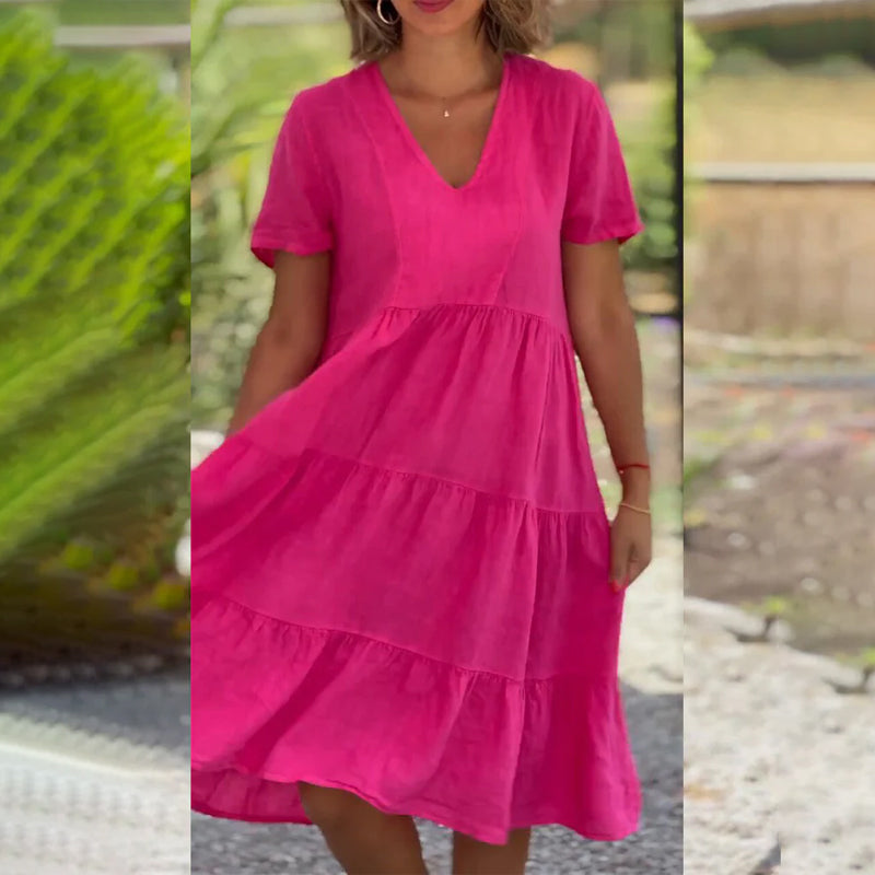 Robe en lin cripes à col V | Une couleur